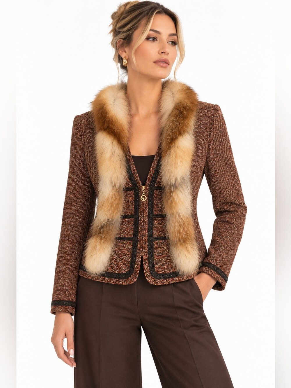 Vintage St John Couture Marie Gray Boucle Genuine Fox Fur Trim Jacket Size 8